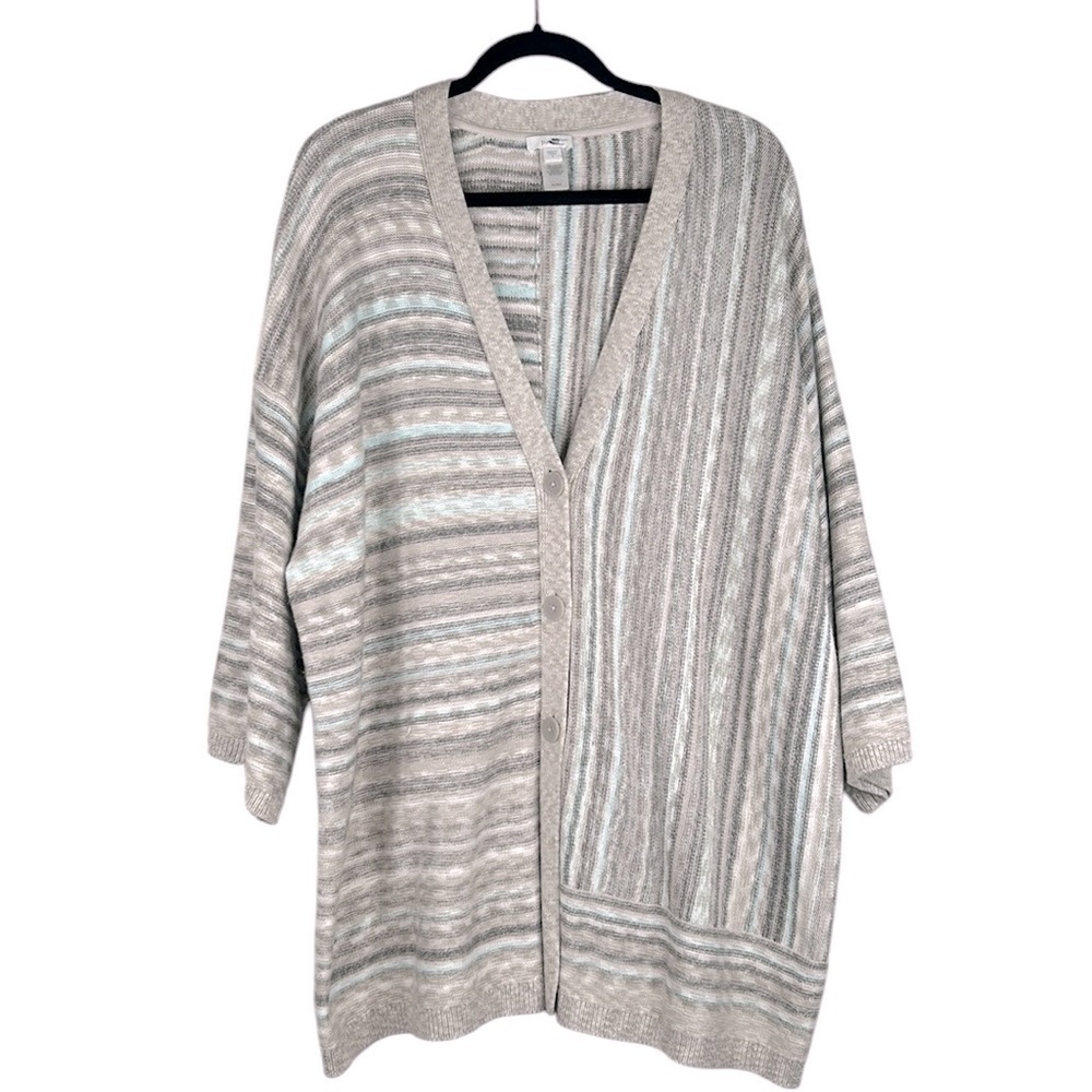 J. Jill Cotton Gray Green White Stripe Knit Oversized Button Down Cardigan Large